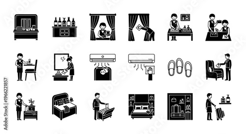 A high-quality set of 18 black silhouette icons in a single frame representing hotel room boy and housekeeping tasks. Includes cleaning, bed making, room service, and guest assistance activities.