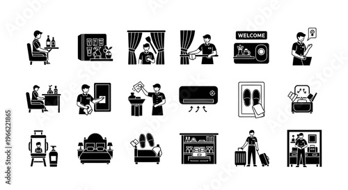 Creative collection of 18 unique black icons illustrating hotel room attendant duties such as cleaning, organizing, and guest service.