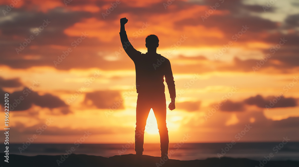 Fototapeta premium A silhouette of a person celebrating triumph against a backdrop of a stunning sunset over the ocean.