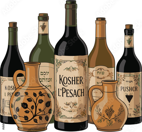 Variety of kosher wine bottles and ceramic jugs for passover festivities.