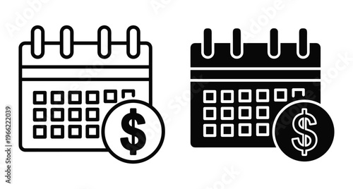 Calendar icon with dollar sign symbol for financial planning payment schedule tax deadline budget management monthly salary and business accounting