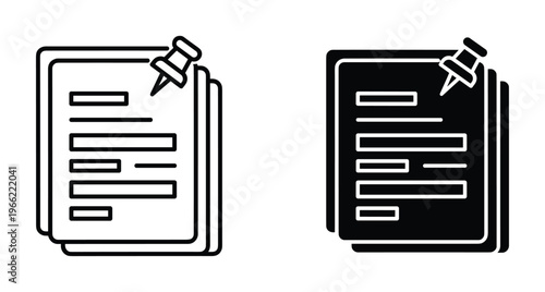 Document stack with pushpin icon set featuring outline and solid black glyph styles for office paperwork management and file organization