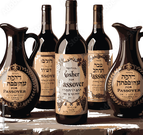 passover wine bottles and pitchers with hebrew and english inscriptions.