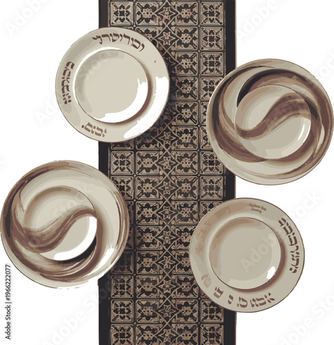 passover seder plates with hebrew inscriptions on patterned cloth.