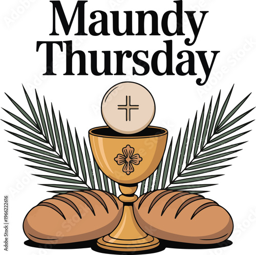 Eucharist communion symbol with bread palm leaves maundy thursday.