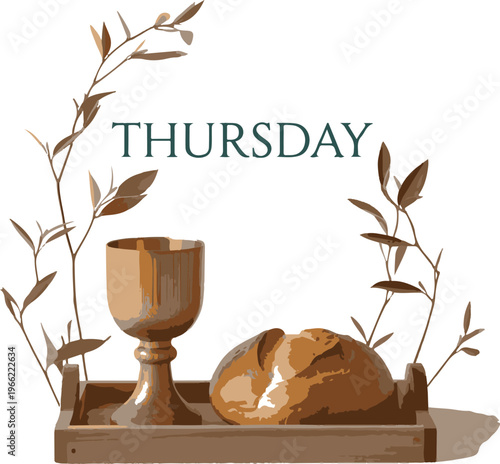 Rustic communion set with bread chalice on wooden tray thursday.