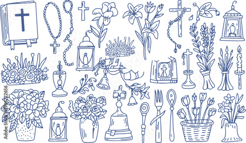 Religious objects and symbols collection set line art sketch drawing.