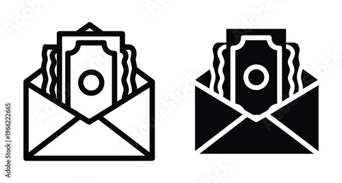 Money in envelope icon set showing cash inside open mail for payment salary bonus bribe donation financial transaction and business correspondence