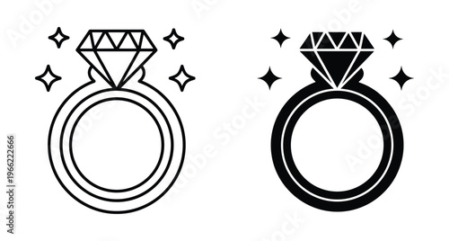 Diamond engagement ring icon set with sparkling gems for wedding marriage proposal jewelry design elements in outline and solid style
