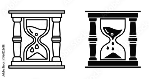 Hourglass icon set with sand flowing through glass timer in outline and solid black silhouette styles for time management concepts
