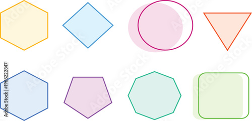 Geometric Shapes Composition: A visually engaging composition showcases an array of colorful geometric shapes, each precisely defined with clean lines and vibrant hues.