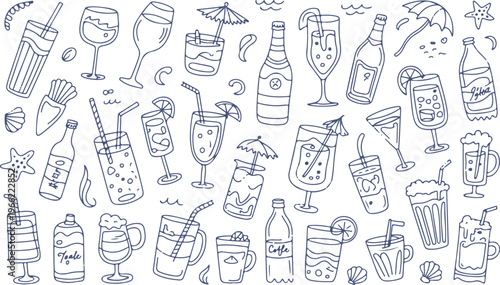 Refreshing summer drinks and beverages doodle elements for party.