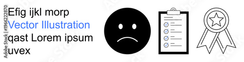 Feedback, evaluation, performance review, quality assessment, employee motivation, goal setting. Sad face icon, checklist clipboard and award ribbon. Feedback and evaluation concept