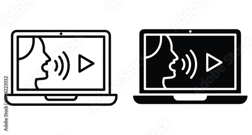 Laptop computer screen displaying person speaking with sound waves and play button icon for video conferencing webinar online education digital communication