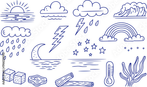 Various hand drawn weather conditions and natural phenomena doodle collection.