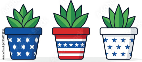 Three potted succulent plants display patriotic American flag-inspired designs on their containers.