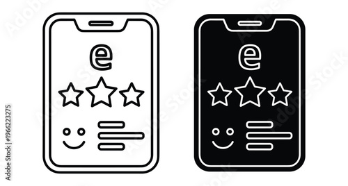 Mobile smartphone app interface icons showing customer feedback rating with stars smiley face and letter e for electronic commerce review