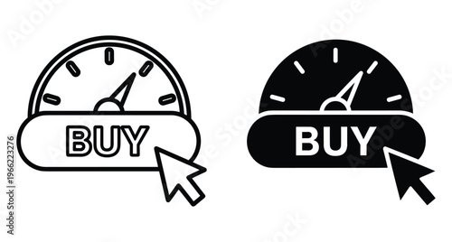 Buy button icon set with speedometer gauge and mouse cursor pointer for fast online shopping and quick e commerce transactions