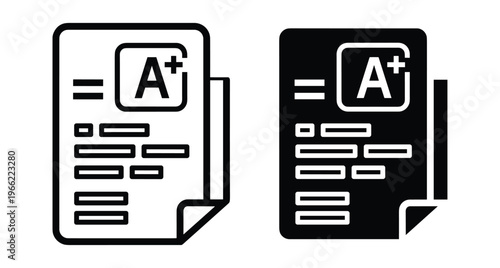 Academic test paper icon with A plus grade result showing excellent student performance in school exam or university assessment report card