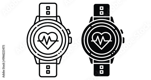 Smartwatch heart rate monitor icon set showing pulse and health tracking for fitness wearable technology and medical monitoring applications
