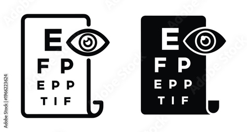 Eye exam chart icon set with snellen vision test letters and human eye symbol for ophthalmology optometry medical healthcare checkup