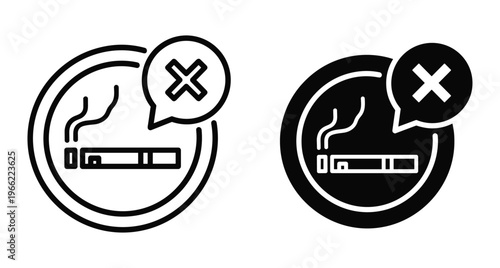 No smoking icon set featuring cigarette with smoke and cross mark symbol for prohibition warning in public areas health policy