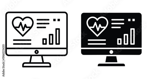 Medical monitor icon set showing heart rate pulse and health data charts on computer screen for digital healthcare and telemedicine services