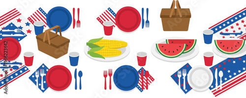 A collection of picnic elements including baskets, corn on the cob, watermelon slices, and tableware are arranged.
