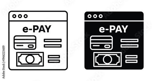 Online payment interface icons showing electronic pay options with credit card and cash symbols in outline and solid styles