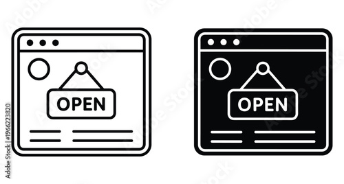 Web browser window icon with open sign hanging inside representing online store availability digital shop opening hours and e commerce status
