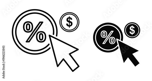 Online shopping discount click icons with percentage symbol dollar sign and mouse cursor arrow for e commerce sales and marketing promotion deals