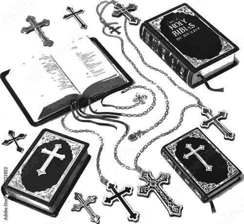 Holy books and metal rosary beads collection for spiritual practices.