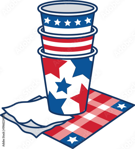 A stack of paper cups with patriotic designs sits on a checkered blanket next to napkins.