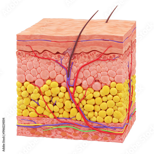 Exploring human skin structure and cosmetic treatment with detailed cross section of skin layers and hydration concepts