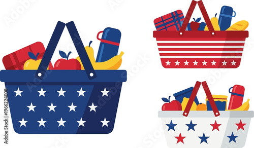 Picnic baskets filled with food items are arranged for outdoor dining and gatherings.