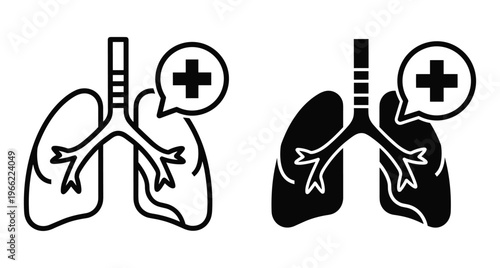Human lungs respiratory system icons with medical cross symbol in speech bubble representing pulmonary health care and clinical diagnostic services