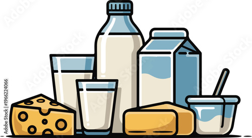 Dairy products including milk, cheese, and yogurt in containers.