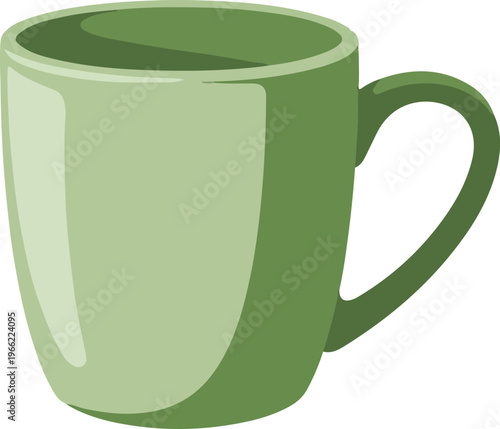 Green mug for hot drinks like coffee or tea.