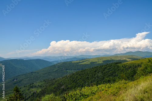 Panoramic view of green mountains and rolling hills covered in dense forest, with dramatic white cumulus clouds across a clear blue sky. Carpathian Mountains, Ukraine