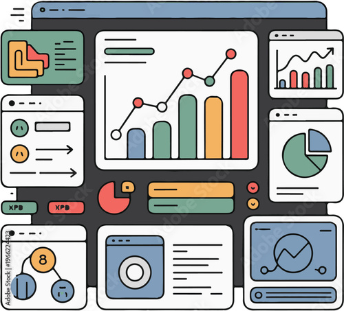 Set of various analytical dashboard elements for business data visualization.