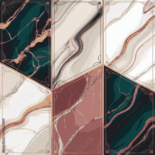 Abstract marble tile composition with luxury gold veins and geometric.