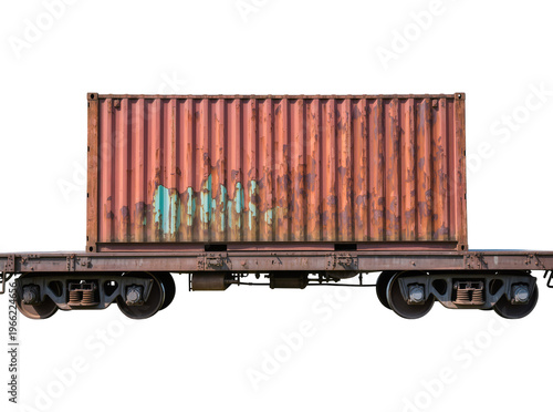 Cuadro en lienzo Isolated old rusty intermodal cargo container on a railway flatcar for freight t