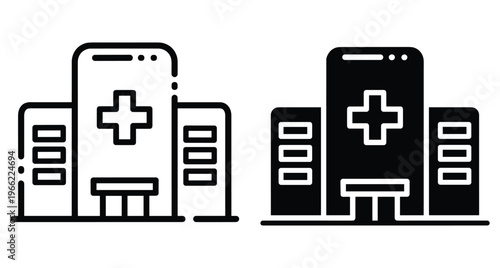 Hospital building icon set with medical cross symbol representing healthcare clinic emergency room infirmary and medicine facility architecture in vector style
