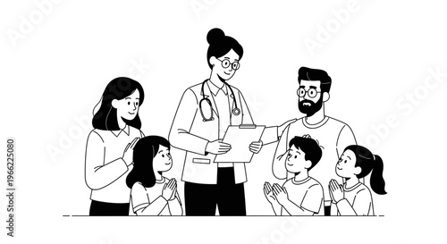 Female doctor explaining medical results to a family with three children.