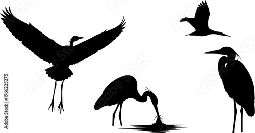 This collection of heron silhouettes showcases the birds in various activities such as flying, fishing, and resting. Designed in a minimalist black and white style