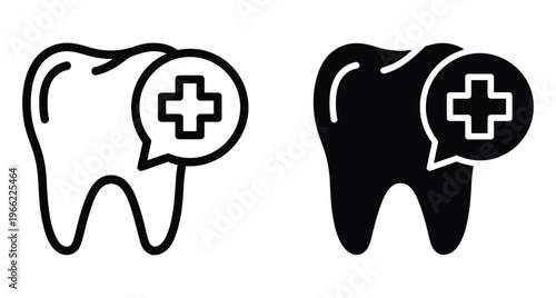 Dental care icons showing tooth with medical cross in speech bubble for clinic services healthcare and oral hygiene treatment