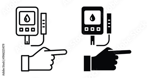 Blood glucose meter icon set with finger pointing for diabetes monitoring sugar level test medical equipment health care diagnostic tool