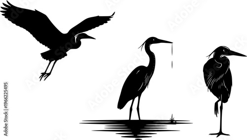 This collection of heron silhouettes showcases the birds in various activities such as flying, fishing, and resting. Designed in a minimalist black and white style