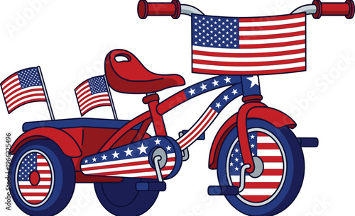 A patriotic tricycle decorated with American flag designs sits isolated against a white background for celebration.