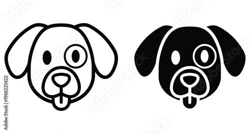 Dog head icon set featuring puppy face with floppy ears and tongue out in outline and solid black vector style
